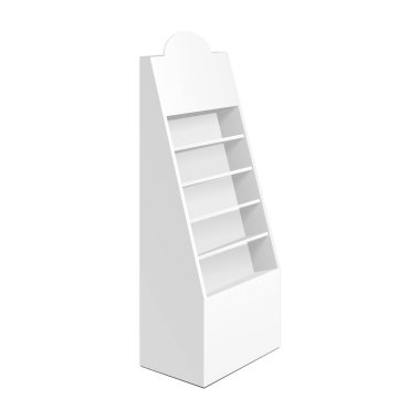 Mukavva Perakende Rafları Raflar Süpermarket Boşluğu için Rafları Göster Model Yukarı. Beyaz arka planda 3D izole edildi. Tasarımına hazırım. Ürün Reklamcılığı. Vektör EPS10