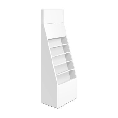 Mukavva Perakende Rafları Raflar Süpermarket Boşluğu için Rafları Göster Model Yukarı. Beyaz arka planda 3D izole edildi. Tasarımına hazırım. Ürün Reklamcılığı. Vektör EPS10