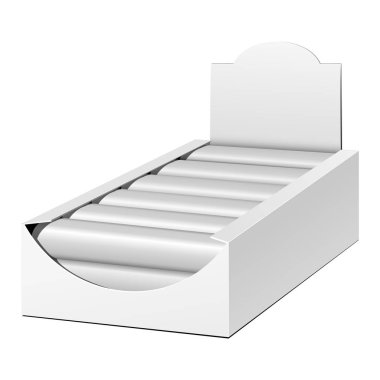 Mockup görüntü sahibi kutu karton dolu boş boş. Çikolata, Protein Bar. Yukarı, şablon alay. Beyaz arka planda izole ürünler. Tasarımınız için hazır. Mockup ürün ambalaj. Vektör Eps10