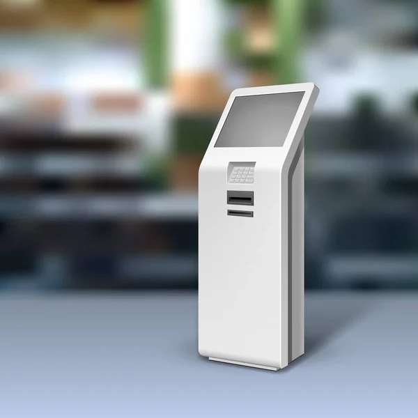 Mockup Payment Information Terminal. ATM, POS, POI reclame buiten, indoor stand. 3D mock up, sjabloon. Illustratie op realistische achtergrond winkel, winkelcentrum. Vector Eps10 — Stockvector