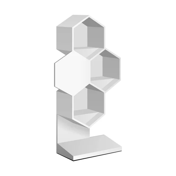 Support hexagonal de présentoir de plancher d'étagères de vente au détail de maquette pour le vide vide de supermarché. La cellule. Du carton. Maquette-toi. 3D sur fond blanc isolé. Prêt pour votre design. Publicité produit. Vecteur EPS10 — Image vectorielle