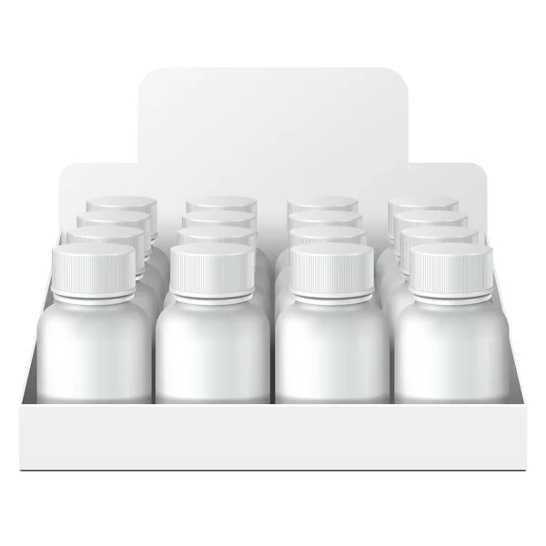 Χάρτινο κουτί με θήκη χαρτονιού γεμάτο κενό με μπουκάλια, κουτιά, βάζα. Βιταμίνες, διατροφικά συμπληρώματα, καλλυντικά. Μακέτα, πρότυπο. Προϊόντα σε λευκό φόντο απομονωμένη. Συσκευασία συσκευασίας. — Διανυσματικό Αρχείο