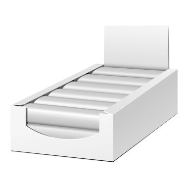 Mockup görüntü sahibi kutu karton dolu boş boş. Çikolata, Protein Bar. Yukarı, şablon alay. Beyaz arka planda izole ürünler. Tasarımınız için hazır. Mockup ürün ambalaj. Vektör Eps10