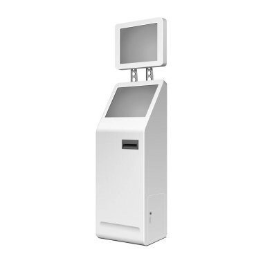 Açık beyaz. Ödeme Terminal. ATM, Pos, POI reklam Stand beyaz arka plan üzerinde. 3D mock Up, şablonu. İllüstrasyon izole beyaz arka plan üzerinde. Vektör Eps10