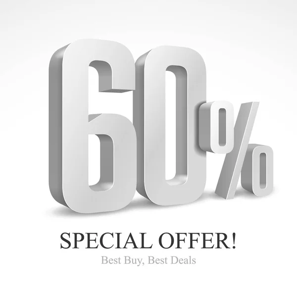 60 Off Oferta especial Prata 3D dígitos Banner, Modelo Sessenta por cento. Venda, desconto. Grayscale, Metal, Gray, Glossy Numbers. Ilustração Isolado em fundo branco. Pronto para o seu design. Vetor — Vetor de Stock