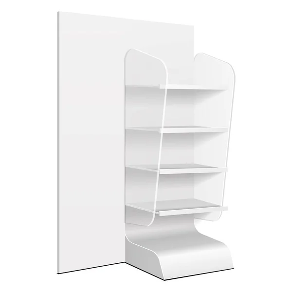 Kartonnen Retail Planken Vloer Display Rack voor Supermarkt Blanco Leeg. Wat een onzin. 3D op witte achtergrond geïsoleerd. Klaar voor je ontwerp. Productreclame. Vector EPS10 — Stockvector