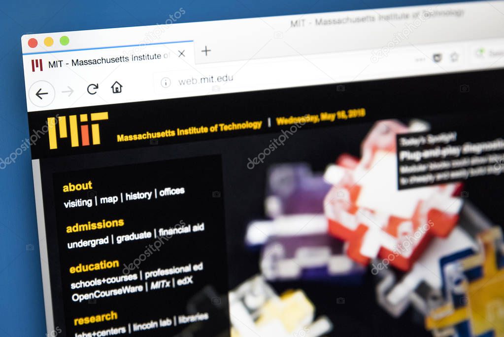 LONDON, UK, MAY 17TH 2018: The homepage of the official Website for the Massachusetts Institute of Technology - a private research university in Cambridge, Massachusetts, on 17th May 2018.
