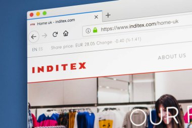 Londra, İngiltere - 29th Mayıs 2018: Inditex - 29 Mayıs 2018 üzerinde İspanyolca çok uluslu giyim firması için resmi web sitesi ana sayfası.
