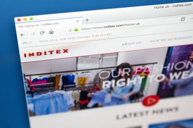 Londra, İngiltere - 29th Mayıs 2018: Inditex - 29 Mayıs 2018 üzerinde İspanyolca çok uluslu giyim firması için resmi web sitesi ana sayfası.