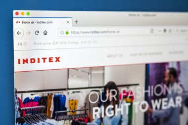Londra, İngiltere - 29th Mayıs 2018: Inditex - 29 Mayıs 2018 üzerinde İspanyolca çok uluslu giyim firması için resmi web sitesi ana sayfası.