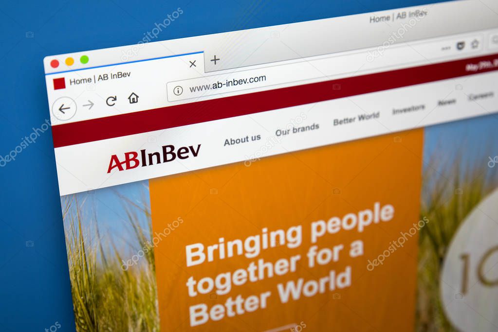 LONDON, UK - MAY 29TH 2018: The homepage of the official website for Anheuser-Busch InBev - the transnational beverage and brewing company, on 29th May 2018.
