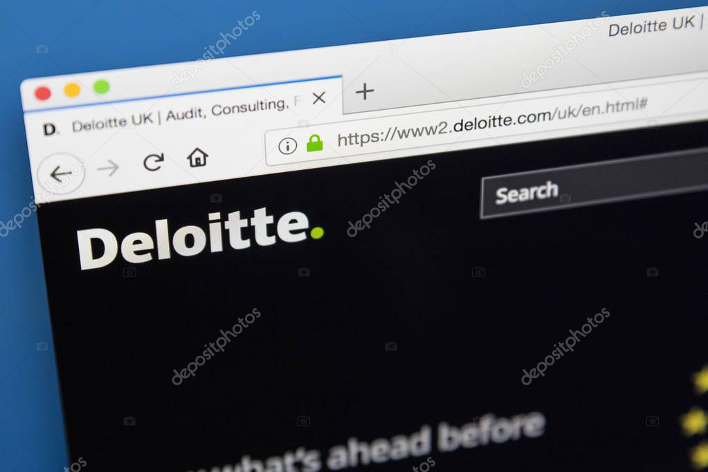LONDON, UK - MAY 23RD 2018: The homepage of the website for Deloitte Touche Tohmatsu Limited - a UK-incorporated multinational professional services network specialising in accounting, on 23rd May 2018.