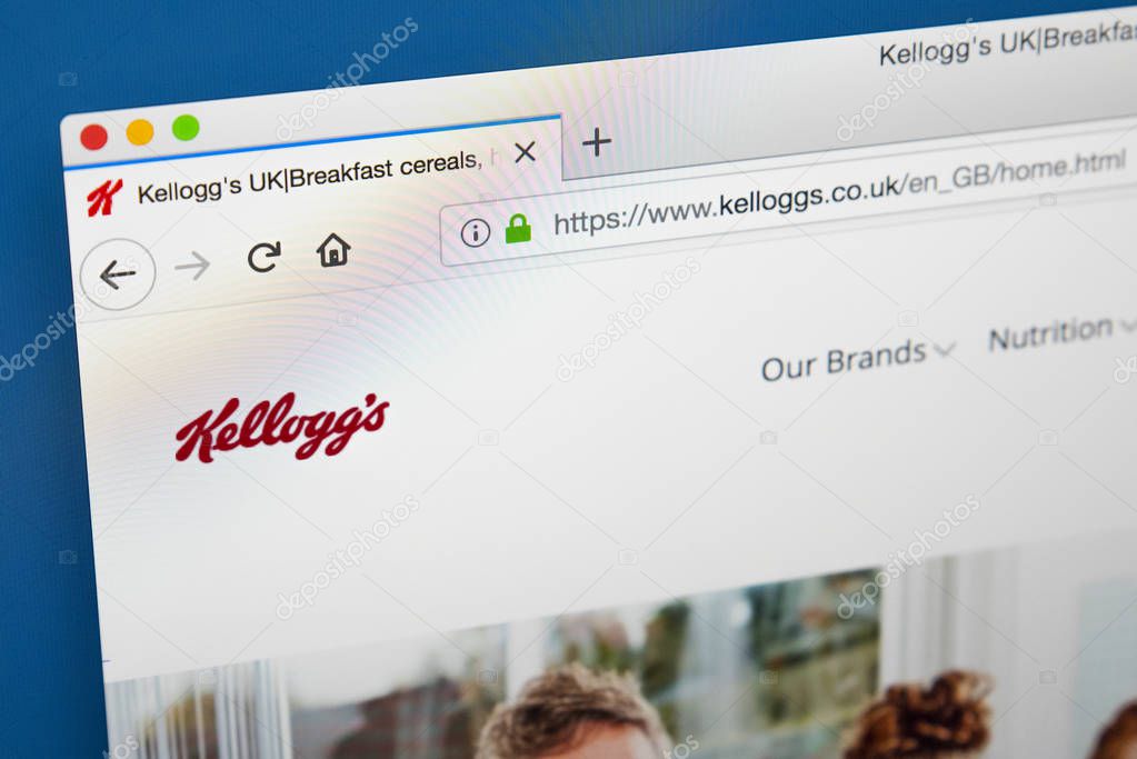 LONDON, UK - MAY 23RD 2018: The homepage of the official website for the Kellogg Company - the American multinational food-manufacturing company, on 23rd May 2018.