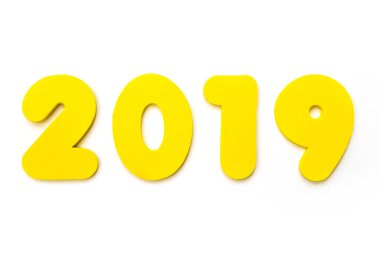 Düz beyaz arka plan üzerinde sarı bir 2019 başlığı.
