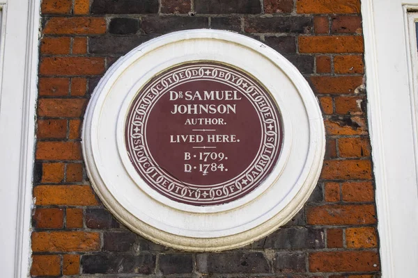 LONDON, UK - JUNE 6TH 2018: A plaque on Dr Johnsons House in the City of London, marking where famous author Dr. Samuel Johnson lived - image taken 6th June 2018.