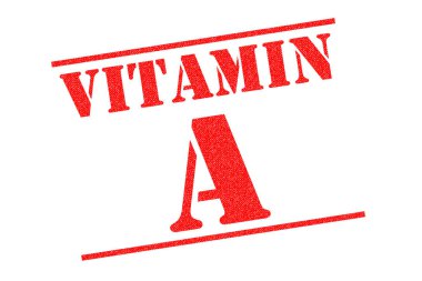 A vitamini kırmızı lastik damgası beyaz bir arka plan üzerinde.