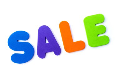 Kelime Satılık düz beyaz arka plan üzerinde.