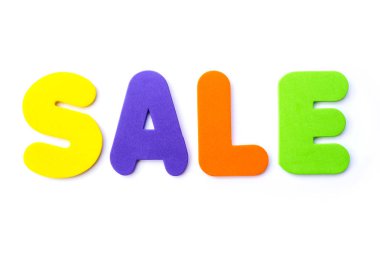 Kelime Satılık düz beyaz arka plan üzerinde.