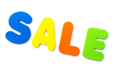 Kelime Satılık düz beyaz arka plan üzerinde.