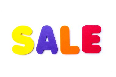 Kelime Satılık düz beyaz arka plan üzerinde.