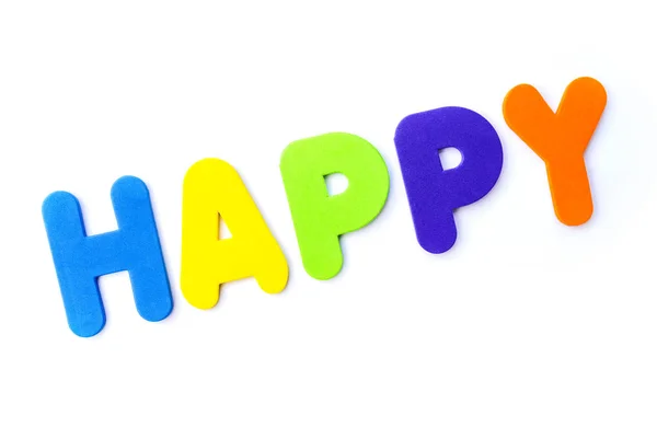 Λέξη Happy Πέρα Από Ένα Απλό Λευκό Φόντο — Φωτογραφία Αρχείου
