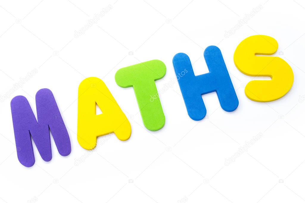 The word MATHS spelt in multi-coloured letters.