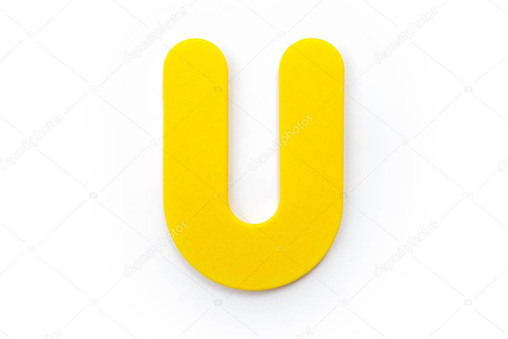 Yellow Letter U over a white background.