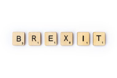 Londra, İngiltere - 28 Haziran 2018: Kelime Brexit ahşap mektup Scrabble taşlarla, 28 Haziran 2018 üzerinde spelt.