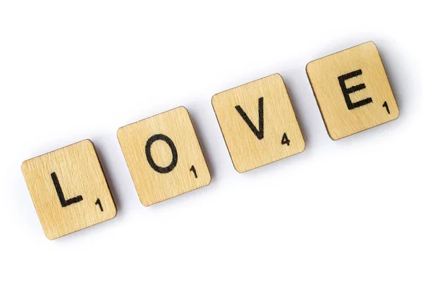London June 28Th 2018 Word Love Spelt Wooden Letter Scrabble — Stock Photo, Image