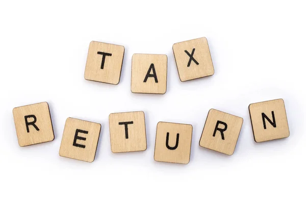 Tax Return Espelta Com Telhas Letras Madeira — Fotografia de Stock
