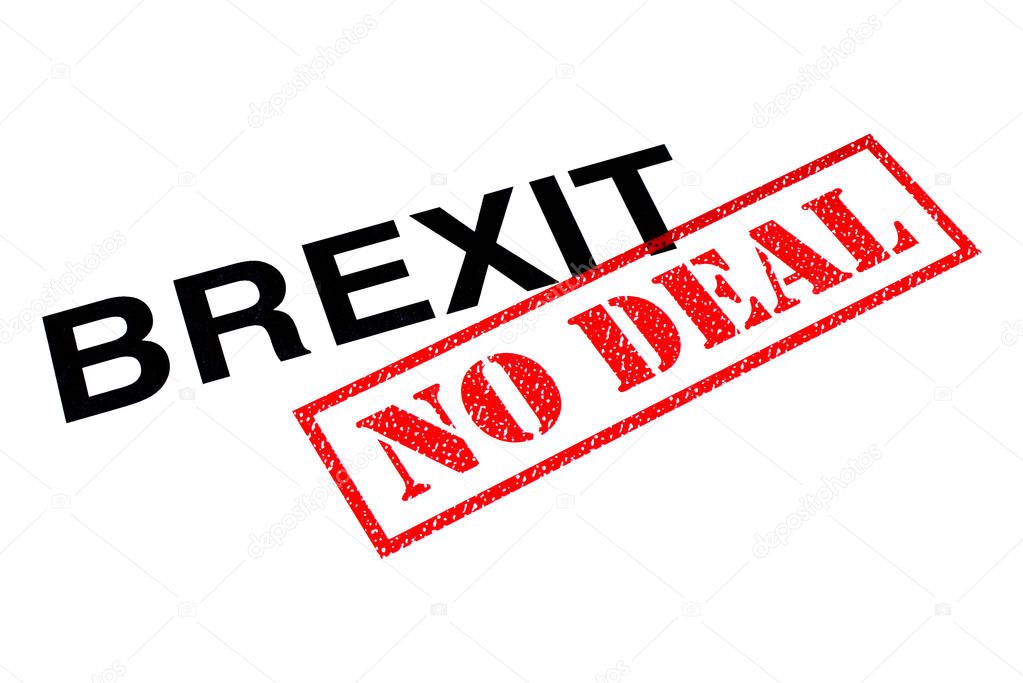 Brexit heading stamped with a red NO DEAL rubber stamp. 