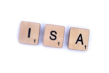 Londra, İngiltere - 8th Temmuz 2018: Kısaltma ISA - bireysel tasarruf hesabı, ahşap mektup Scrabble taşlarla, 8 Temmuz 2018 üzerinde spelt.