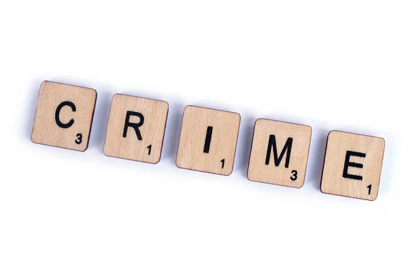 Londra Luglio 2018 Parola Crime Farro Con Lettera Legno Scrabble — Foto Stock