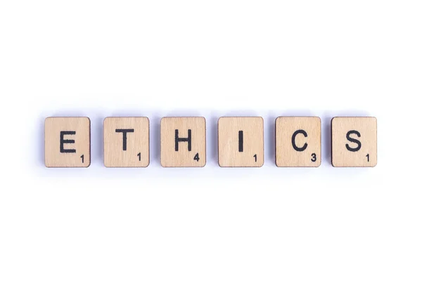 London July 7Th 2018 Word Ethics Spelt Wooden Letter Scrabble — Stock Photo, Image