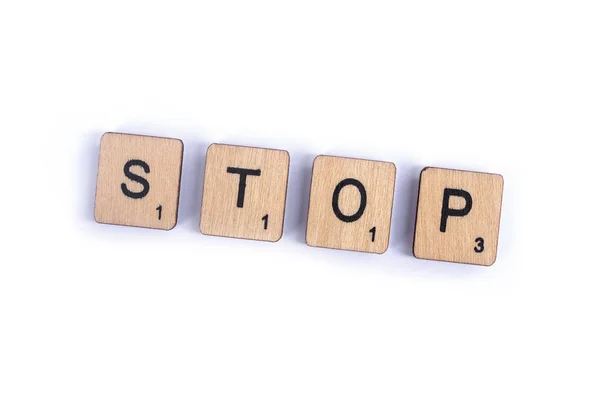 London July 7Th 2018 Word Stop Spelt Wooden Letter Scrabble — Stock Photo, Image