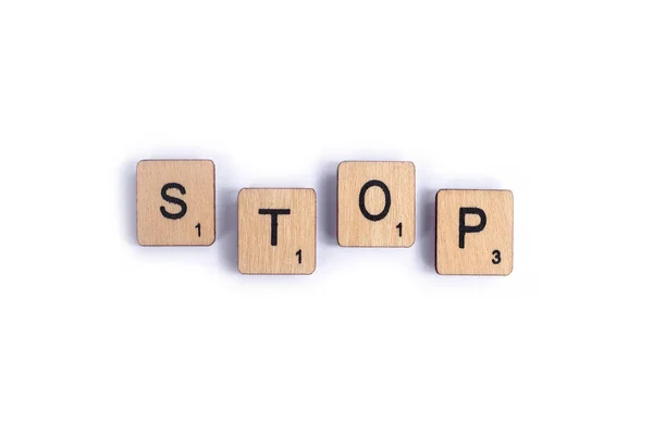 London July 7Th 2018 Word Stop Spelt Wooden Letter Scrabble — Stock Photo, Image