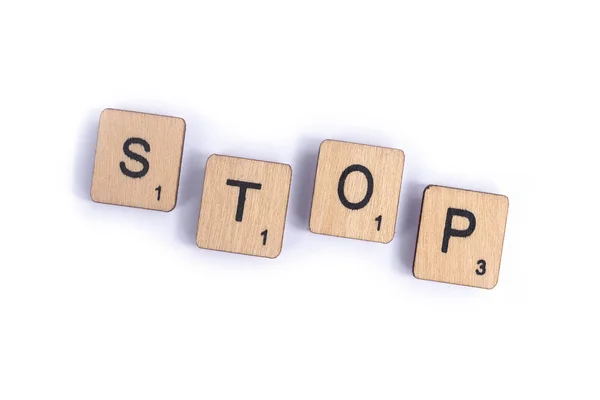 London July 7Th 2018 Word Stop Spelt Wooden Letter Scrabble — Stock Photo, Image