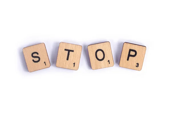 London July 7Th 2018 Word Stop Spelt Wooden Letter Scrabble — Stock Photo, Image