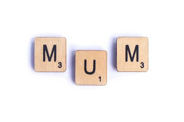 London July 7Th 2018 Word Mum Spelt Wooden Letter Scrabble — Stock Photo, Image