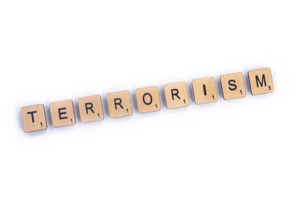 Londra Luglio 2018 Parola Terrorismo Farro Con Lettera Legno Scrabble — Foto Stock