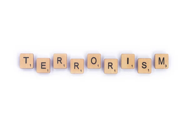 London Juli 7Th 2018 Ordet Terrorism Stavet Med Træbogstaver Scrabble - Stock-foto