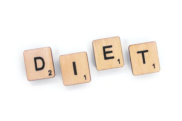 London July 8Th 2018 Word Diet Spelt Wooden Letter Tiles — Stock Photo, Image