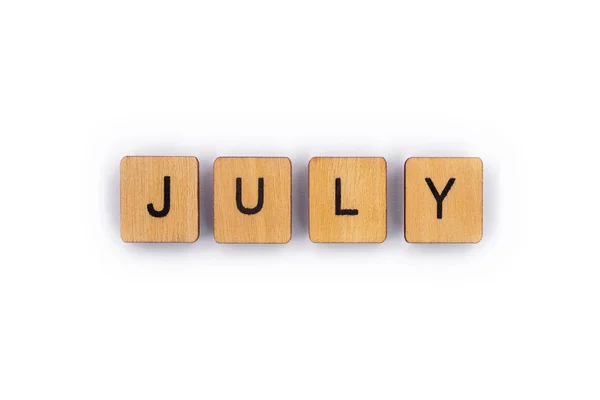 July Spelt Wooden Letter Tiles Plain White Background — Stock Photo, Image