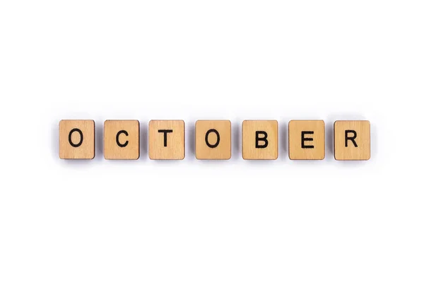 October Spelt Wooden Letter Tiles Plain White Background — Stock Photo, Image