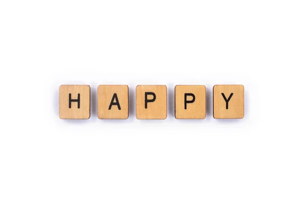 Happy Spelt Wooden Letter Tiles Plain White Background — Stock Photo, Image