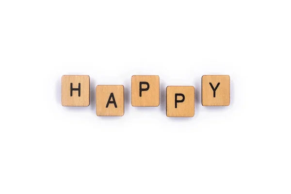 Happy Spelt Wooden Letter Tiles Plain White Background — Stock Photo, Image