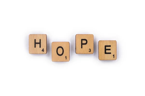 London Juli 2018 Das Wort Hope Buchstabiert Mit Hölzernen Buchstabenkacheln — Stockfoto