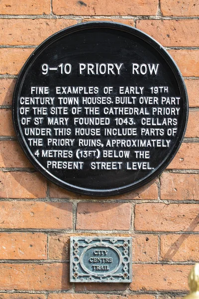 Plaque Priory Row Historic City Centre Coventry Detailing History Building — Stock Photo, Image