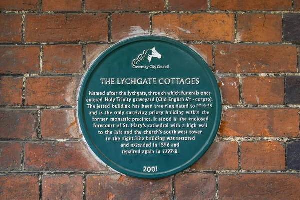 Coventria Reino Unido Julho 2018 Uma Placa Nas Lychgate Cottages — Fotografia de Stock