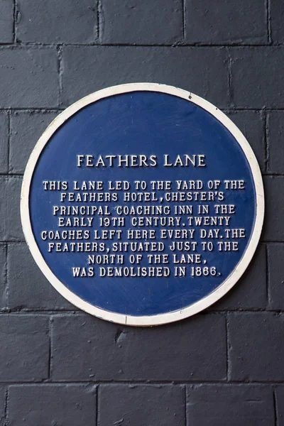 Une Plaque Sur Feathers Lane Dans Ville Chester Royaume Uni — Photo